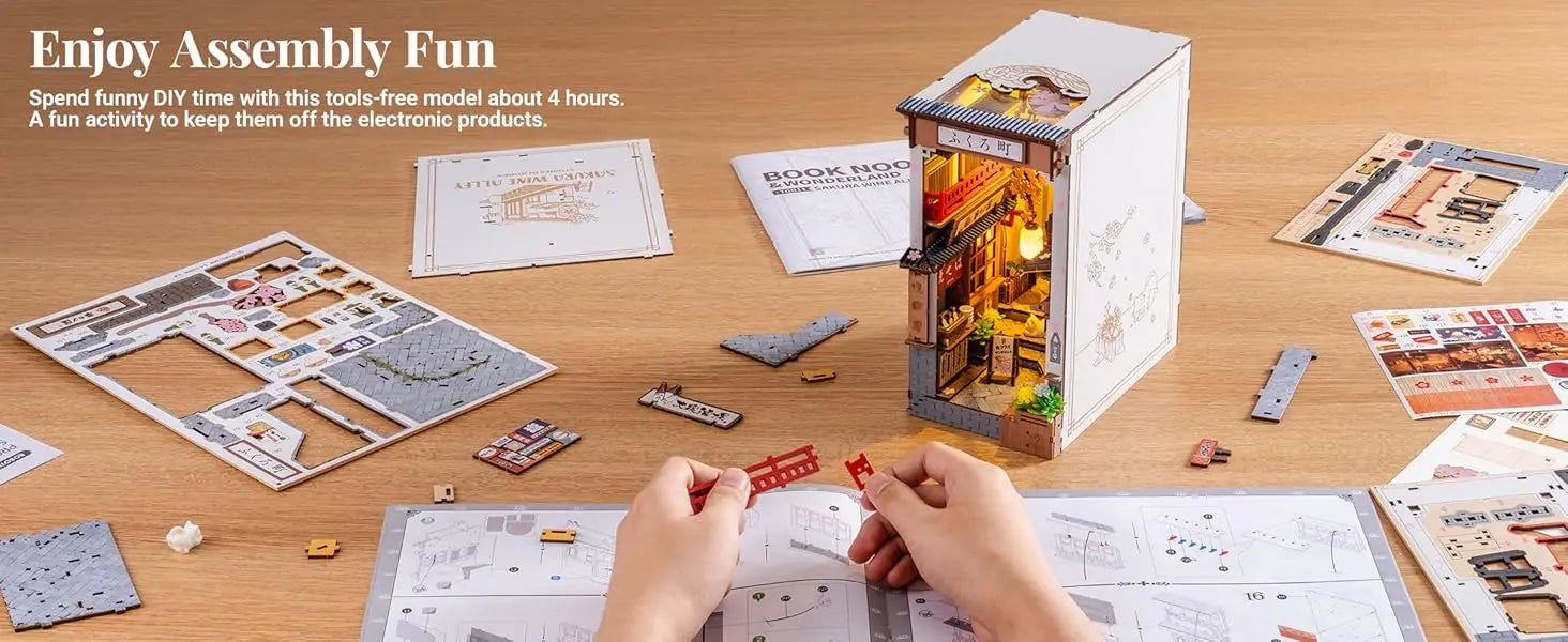 Robotime Sakura Wine Alley DIY Booknook con luces DIY casa de muñecas en miniatura Kit 3D rompecabezas de madera sujetalibros estantería decoración regalo