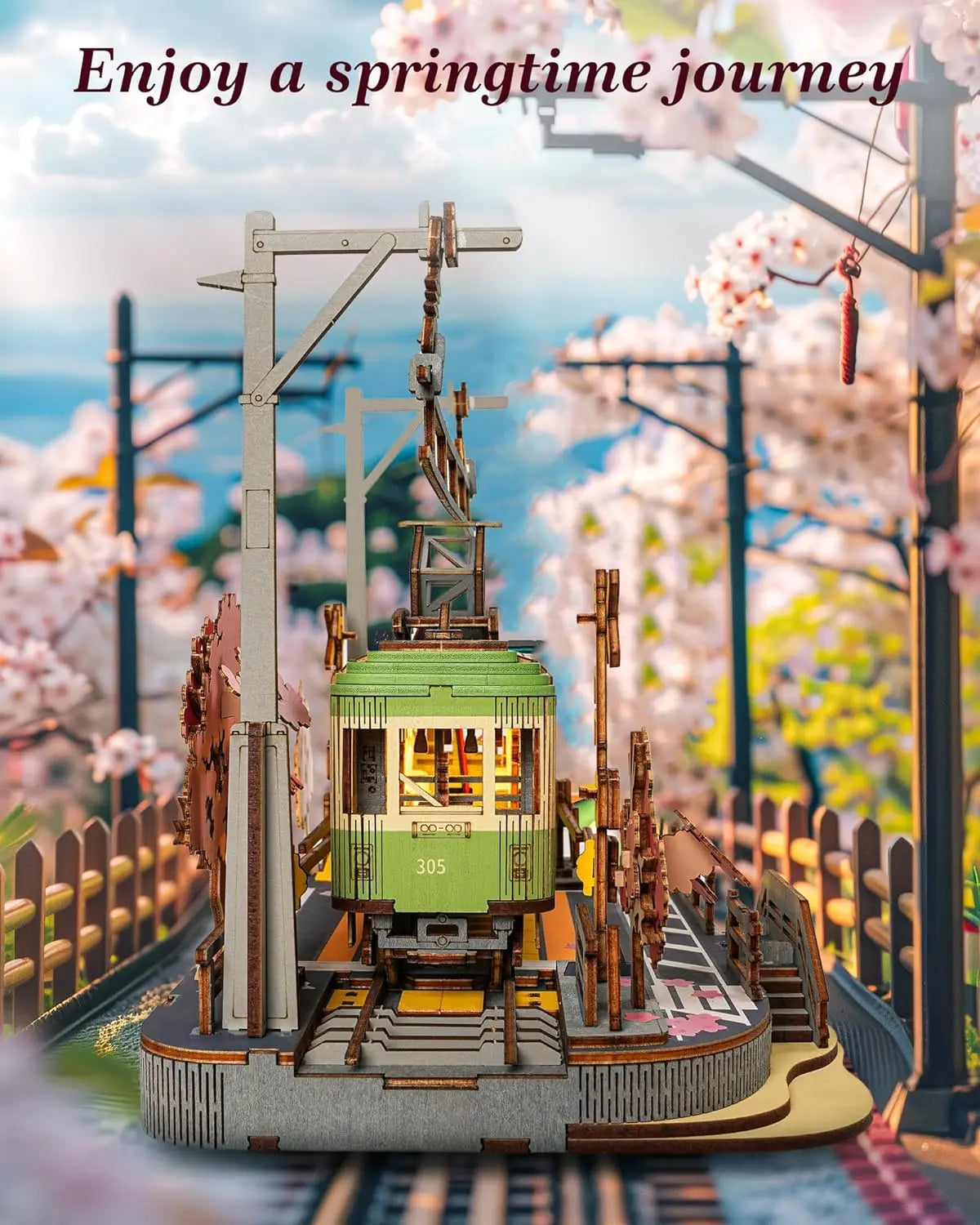 Robotime-rompecabezas 3D Sakura Journey, modelo DIY, juguete de construcción con luz LED, Kits de artesanía de madera, Hobby de Tram para niños, regalo de rompecabezas