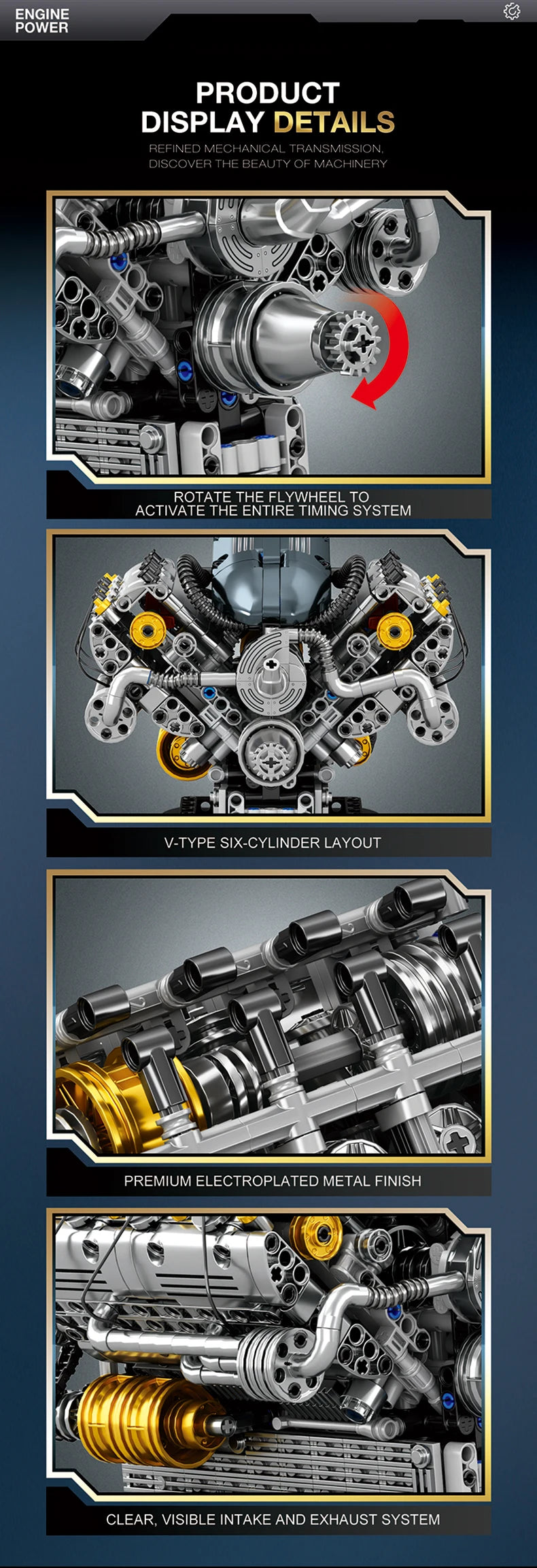Set de Bloques de Construcción de Motor V6 con Soporte, Adorno Coleccionable para Escritorio