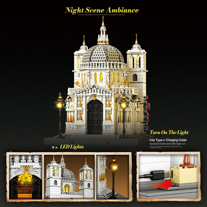 Juego de bloques de construcción de iglesia de Venecia, modelo de punto de referencia arquitectónico con luces LED