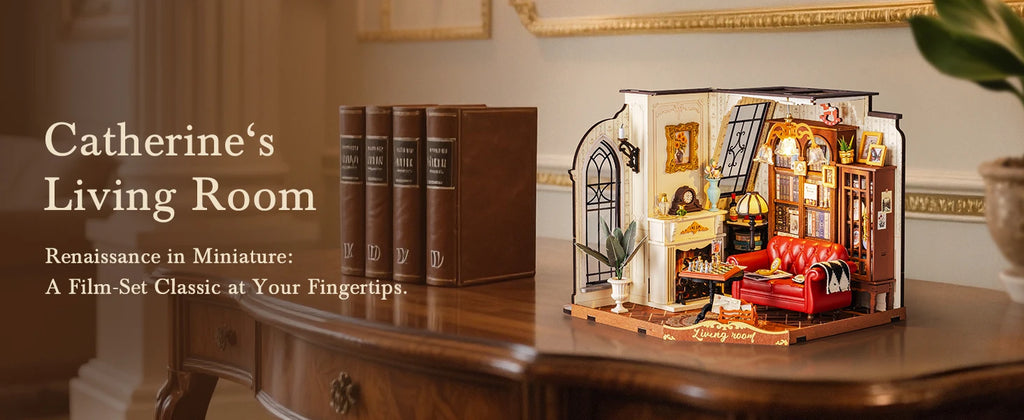 Robotime Rolife Catherine's Living Room DIY Kit de casa en miniatura Kit de construcción de modelo de casa de muñecas de madera con LED y muebles DG175