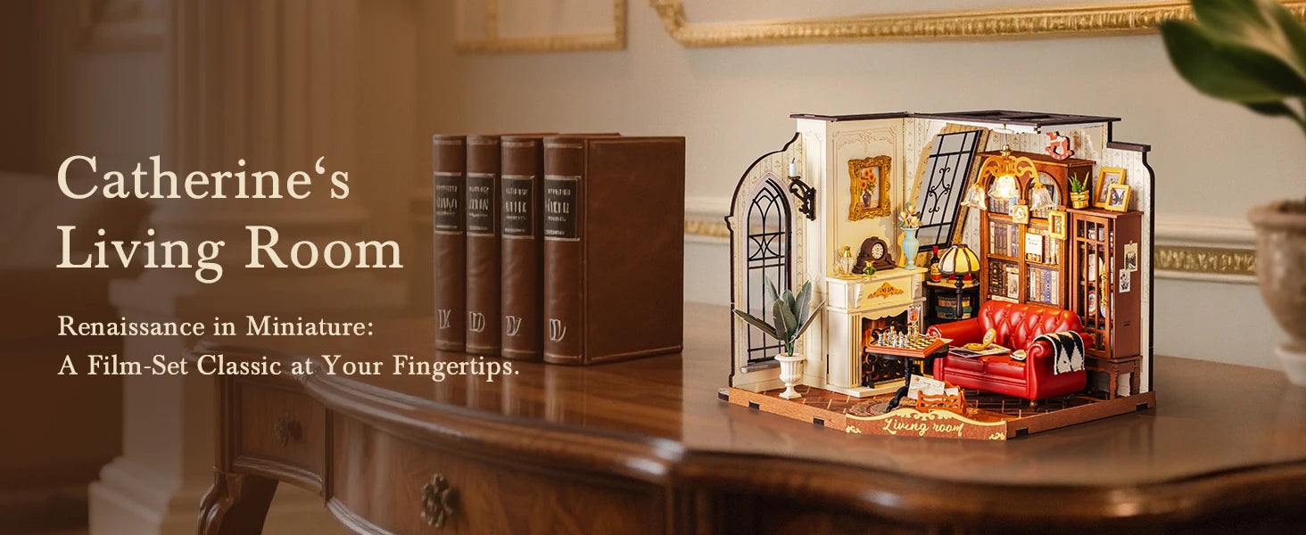 Robotime Rolife Catherine's Living Room DIY Kit de casa en miniatura Kit de construcción de modelo de casa de muñecas de madera con LED y muebles DG175