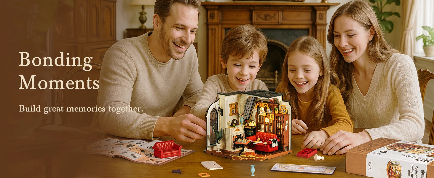 Robotime Rolife Catherine's Living Room DIY Kit de casa en miniatura Kit de construcción de modelo de casa de muñecas de madera con LED y muebles DG175