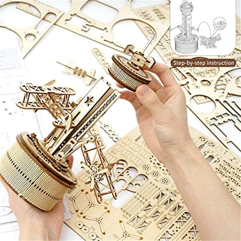 Robotime Roker-rompecabezas de madera 3D para adultos, Kit de modelo de caja Musical DIY para construir un Kit de construcción de autoensamblaje, torre de Control de avión