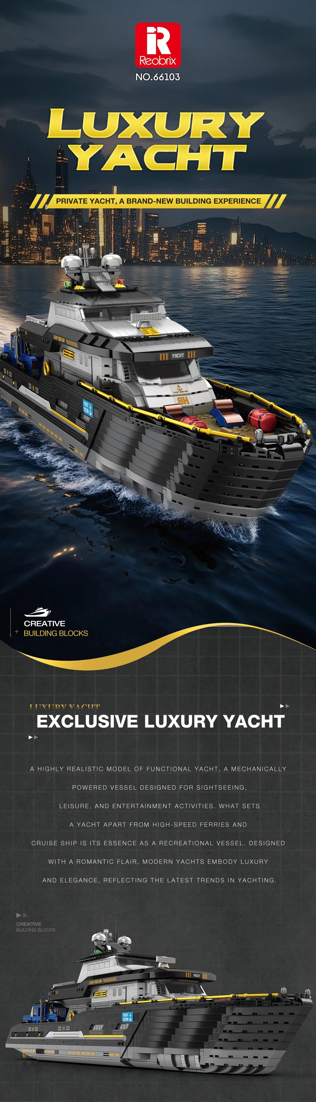 4421 Piezas de Bloques de Construcción de Yate de Lujo, Modelo de Barco a Motor