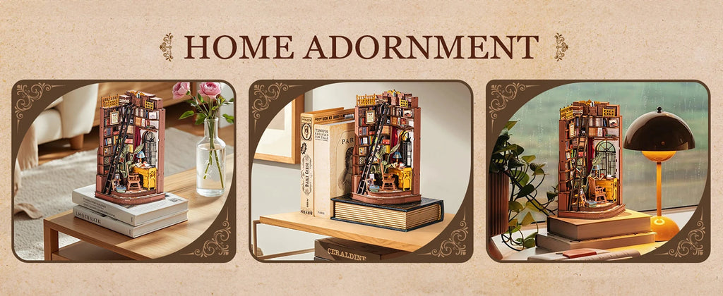 Robotime Rolife, estudio de esquina silencioso, bricolaje, rincón de libros, estante de inserción, casa de muñecas en miniatura de madera para estantería, muebles de inserción TGE02