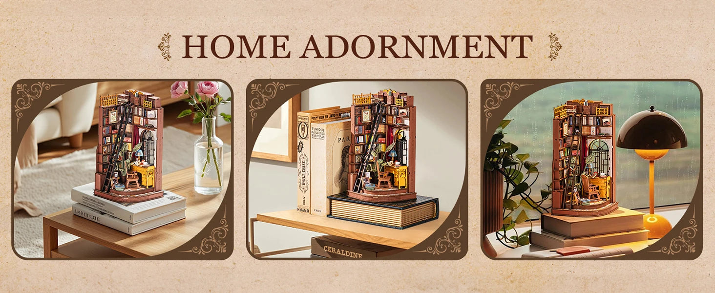 Robotime Rolife, estudio de esquina silencioso, bricolaje, rincón de libros, estante de inserción, casa de muñecas en miniatura de madera para estantería, muebles de inserción TGE02