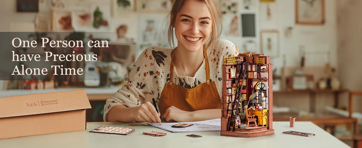 Robotime Rolife, estudio de esquina silencioso, bricolaje, rincón de libros, estante de inserción, casa de muñecas en miniatura de madera para estantería, muebles de inserción TGE02