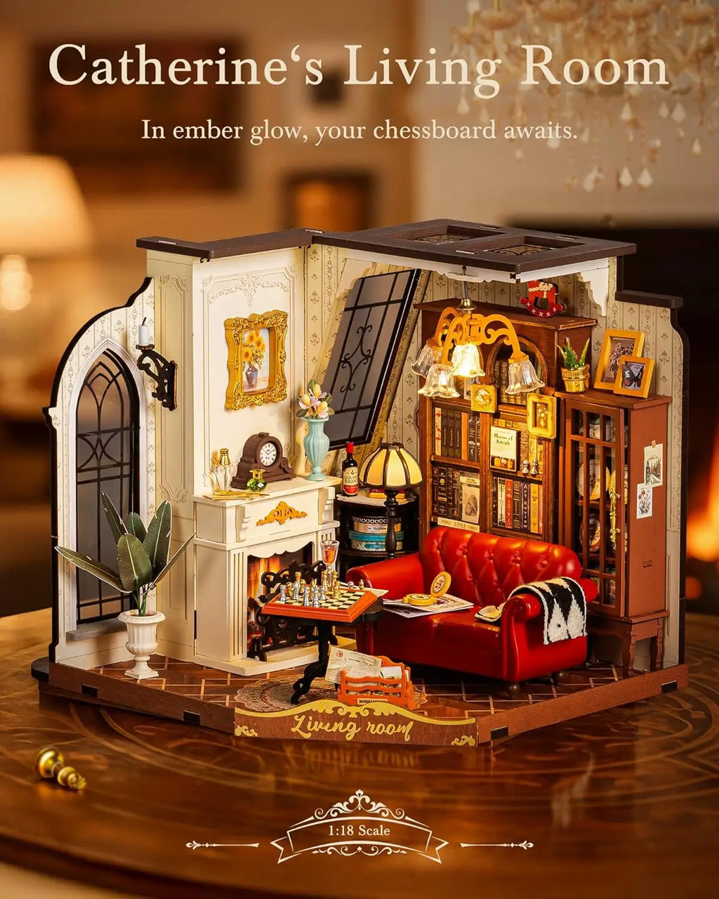 Robotime Rolife Catherine's Living Room DIY Kit de casa en miniatura Kit de construcción de modelo de casa de muñecas de madera con LED y muebles DG175