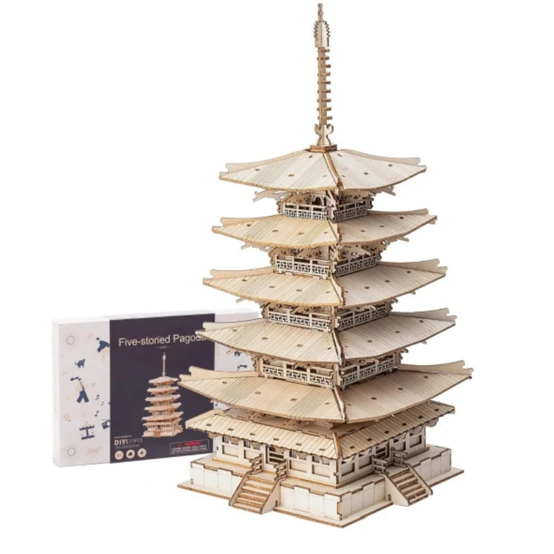 Robotime-rompecabezas 3D de Pagoda de cinco pisos para niños y adultos, Kit de construcción de modelo de madera artesanal, el mejor regalo