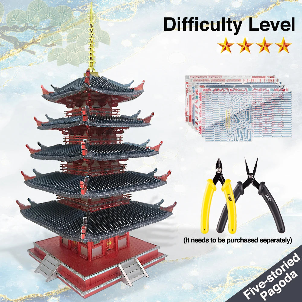 Piececool-rompecabezas 3D de Metal juego de Pagoda de cinco pisos, juguete de construcción