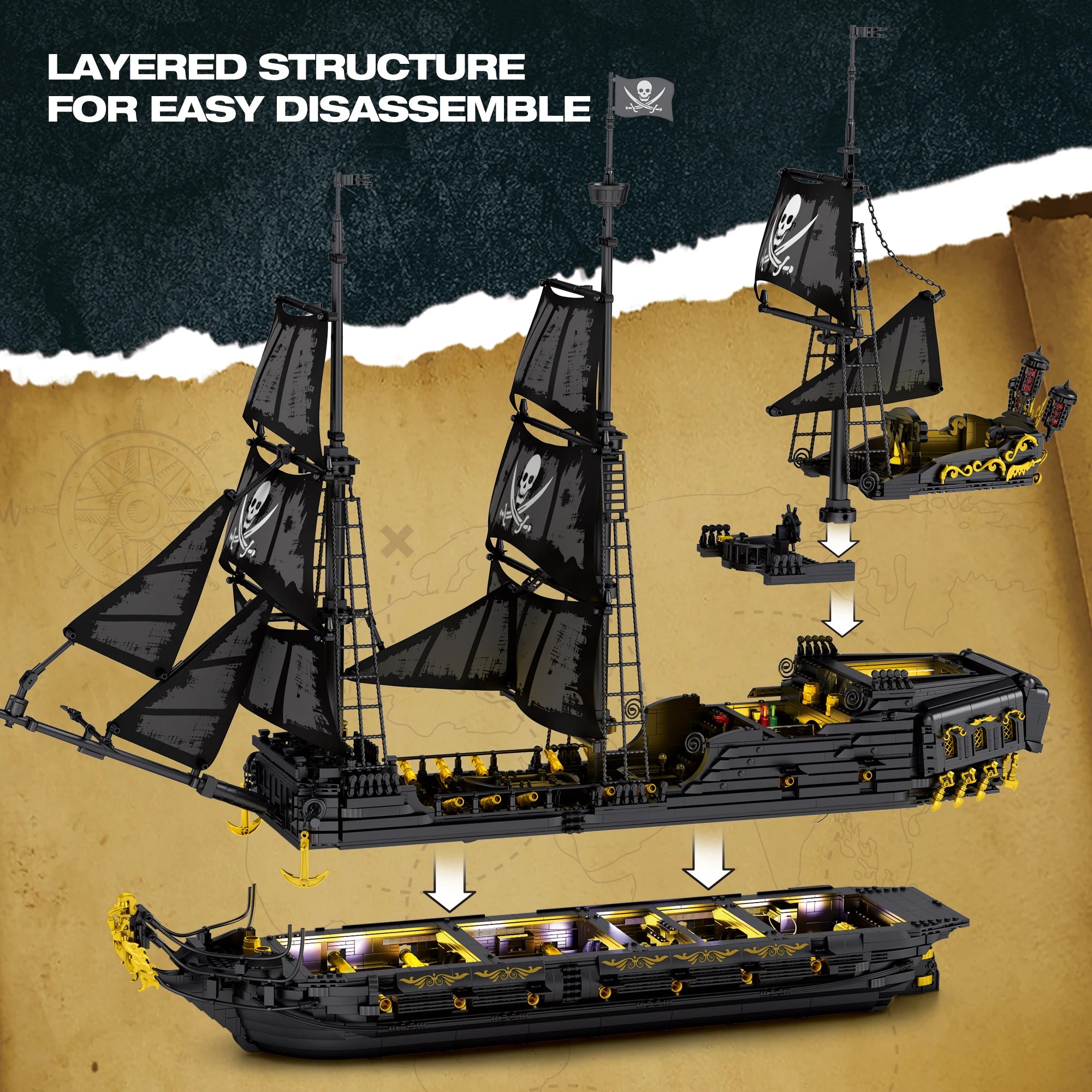 Bloques de Construcción del Barco Pirata Perla Negra, Kit de Modelo de Ladrillos del Buque Insignia del Caribe
