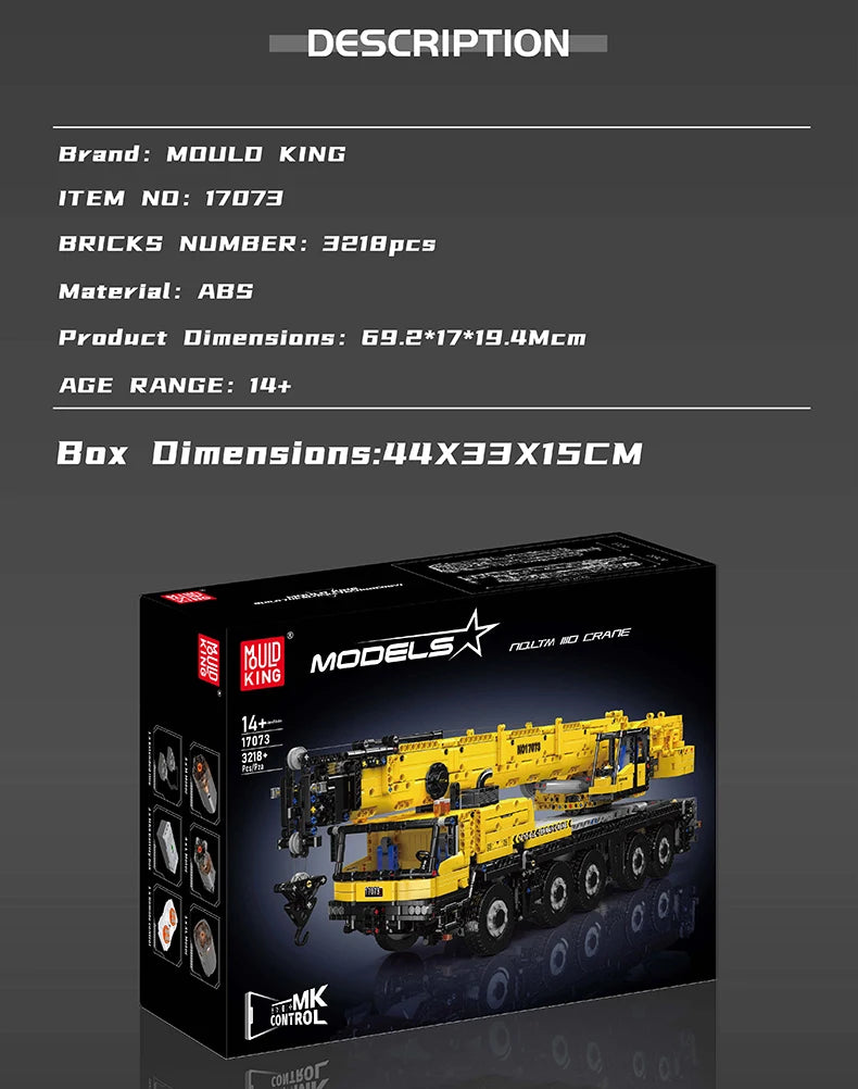 Mould King 17073 17074 coche técnico de juguete Control remoto LTM 1110 grúa montaje de bloques de construcción