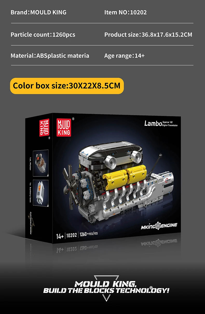Mould King 10202 juguetes de motor de coche técnico el supercoche motorizado V12 + bloques de construcción de transmisión