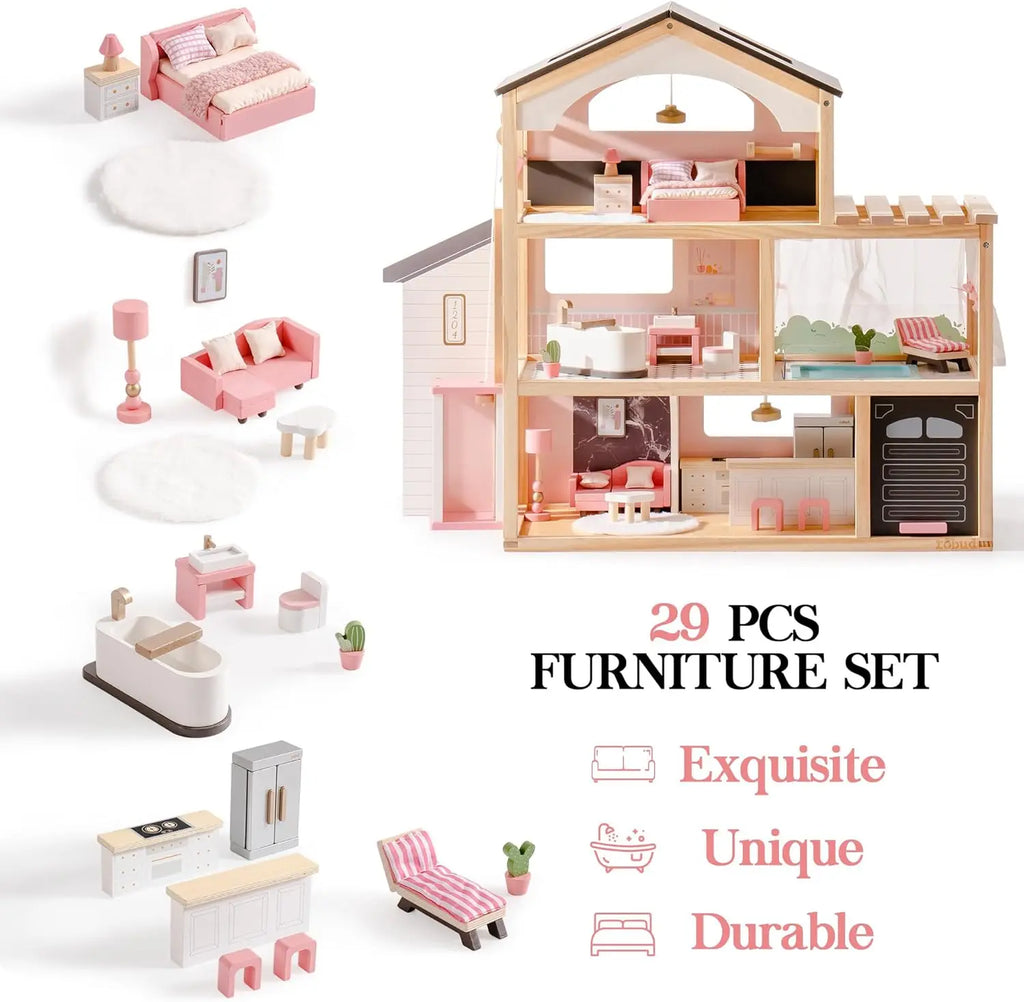 Robotime Robud Casa de muñecas de madera, 6 habitaciones con juego de muebles de 29 piezas, elevador de trabajo, garaje, piscina, regalo Ideal para niños y edades