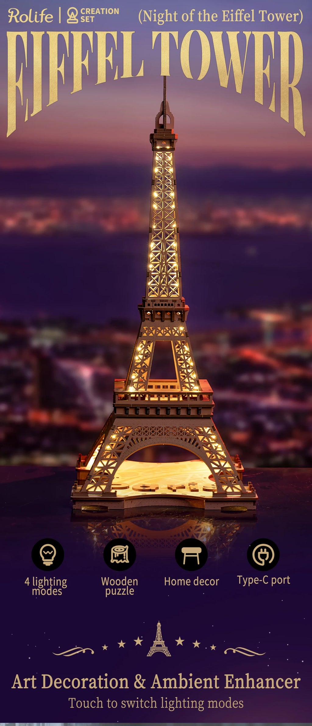 Robotime-Juego de rompecabezas de madera 3D, noche de la Torre Eiffel, modelos 1:638 para niños y adultos, Kits de manualidades DIY, regalo DIY con luz