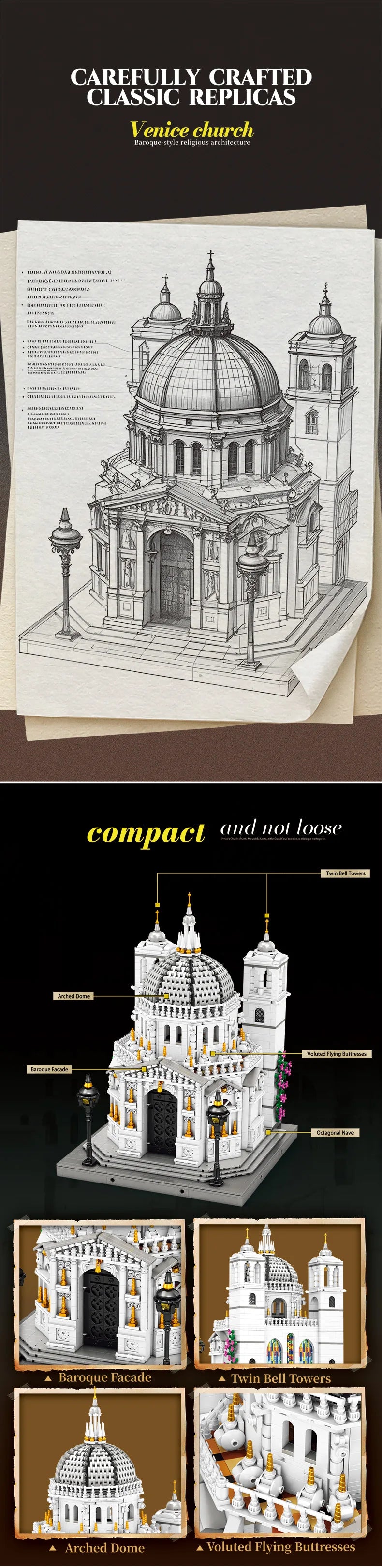 Juego de bloques de construcción de iglesia de Venecia, modelo de punto de referencia arquitectónico con luces LED