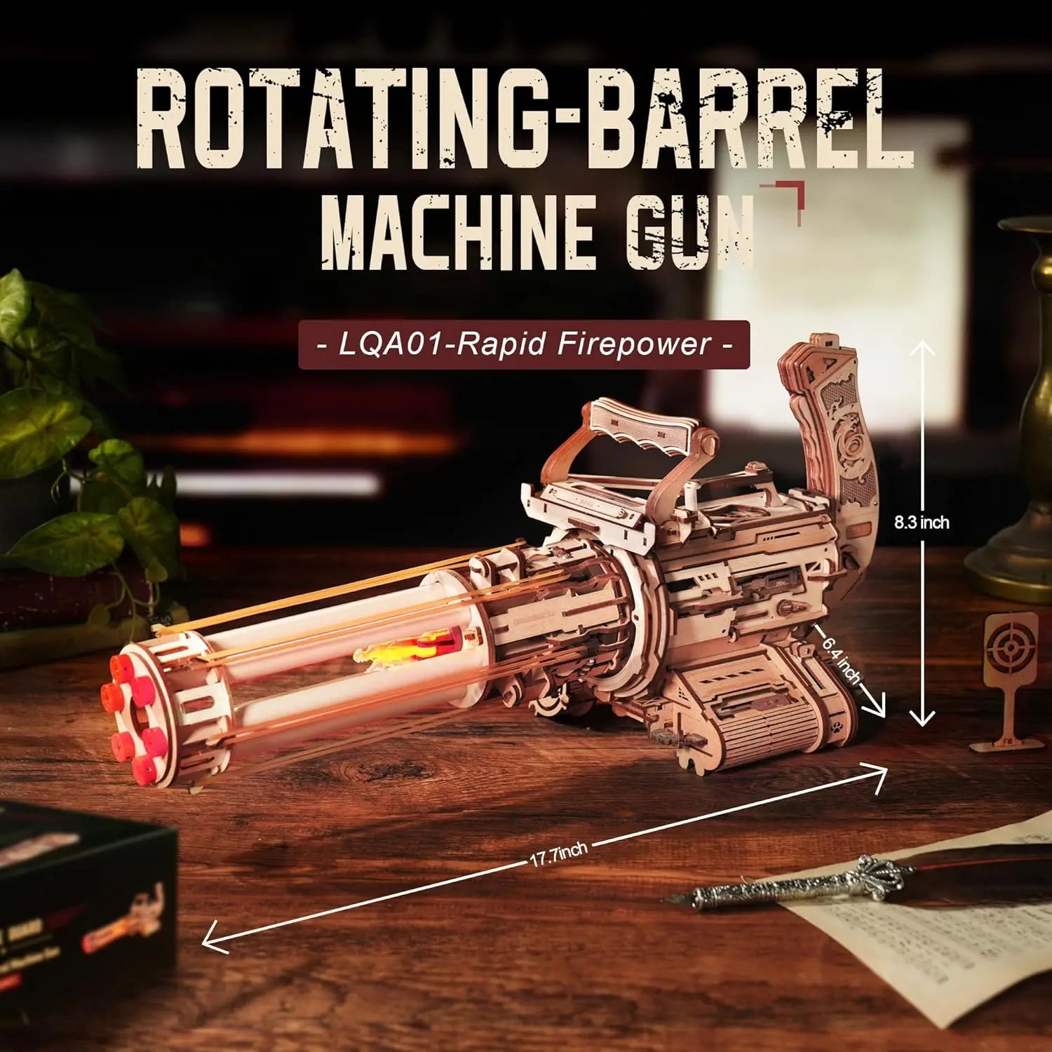 Robotime Rokr-Metralladora de barril giratorio, modelo de juguete, Kit de construcción, juguetes geniales, pasatiempos, rompecabezas de madera 3D para hombres y mujeres LQA01