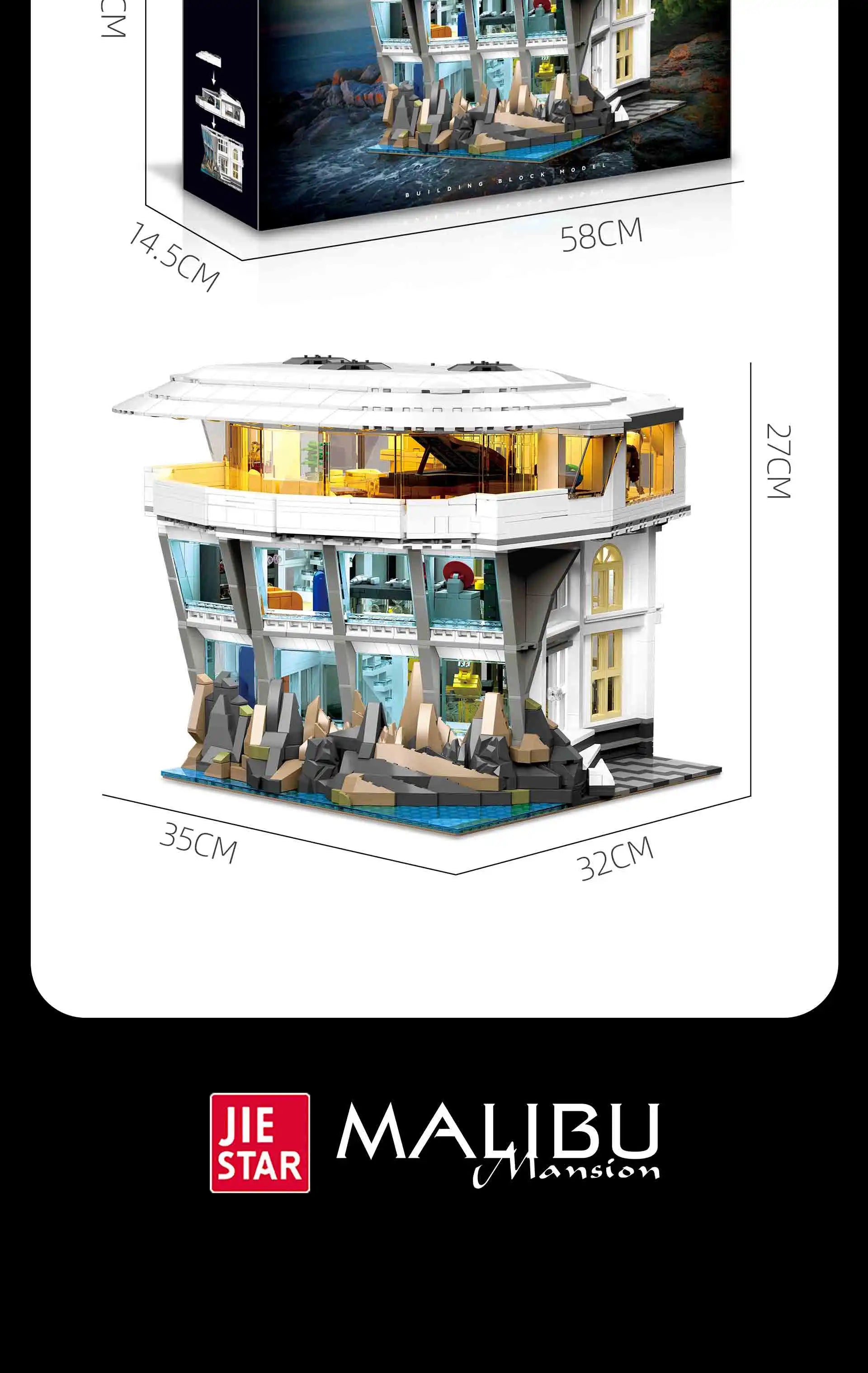 Bloques de Construcción Creativos DC Marrvve, 3284 Piezas, Malibu Street View con Luz, Modelo Arquitectónico
