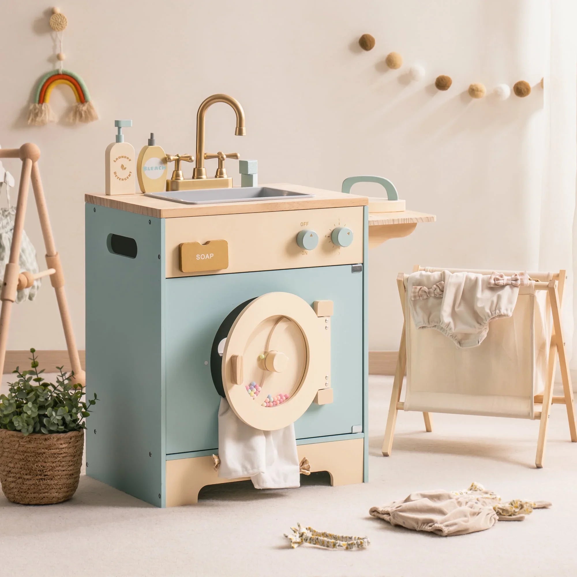 Robotime Robud Lavadora de cocina Playset Juego de simulación Lavadora de juguete con cesta de ropa Hierro y fregadero para niños de 3 años + Azul
