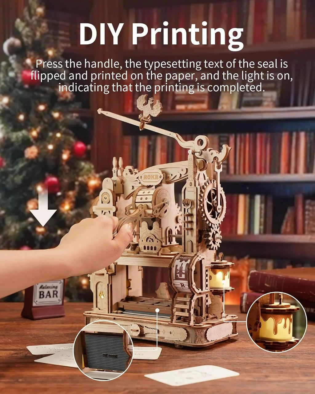 Robotime rokr Kits de modelos de rompecabezas de madera 3D Prensa de impresión clásica Engranajes mecánicos para adultos