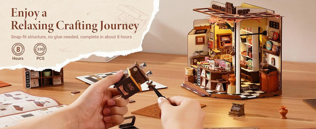 Robotime Rolife Henry's Chocolate DIY Kit de casa en miniatura Kit de construcción de modelo de casa de muñecas de madera con regalos artesanales LED para adultos
