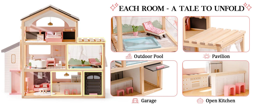 Robotime Robud Casa de muñecas de madera, 6 habitaciones con juego de muebles de 29 piezas, elevador de trabajo, garaje, piscina, regalo Ideal para niños y edades