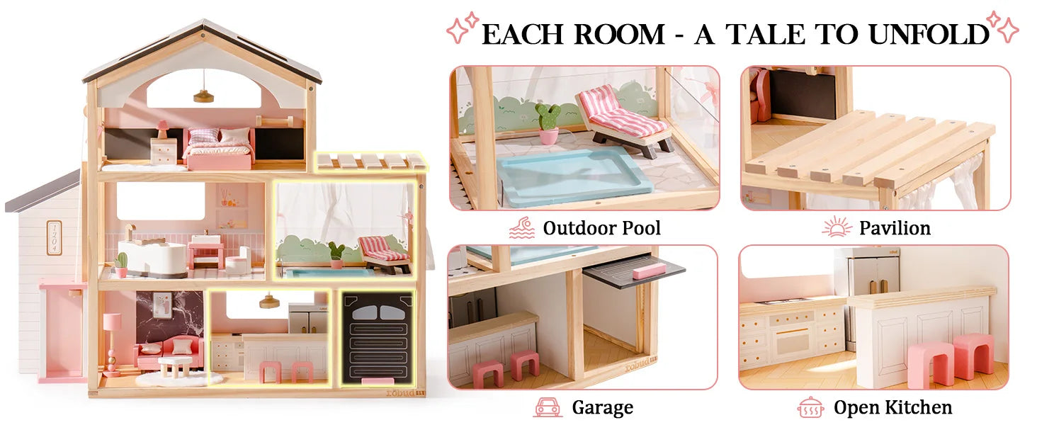 Robotime Robud Casa de muñecas de madera, 6 habitaciones con juego de muebles de 29 piezas, elevador de trabajo, garaje, piscina, regalo Ideal para niños y edades