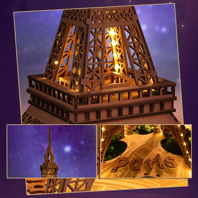 Robotime-Juego de rompecabezas de madera 3D, noche de la Torre Eiffel, modelos 1:638 para niños y adultos, Kits de manualidades DIY, regalo DIY con luz