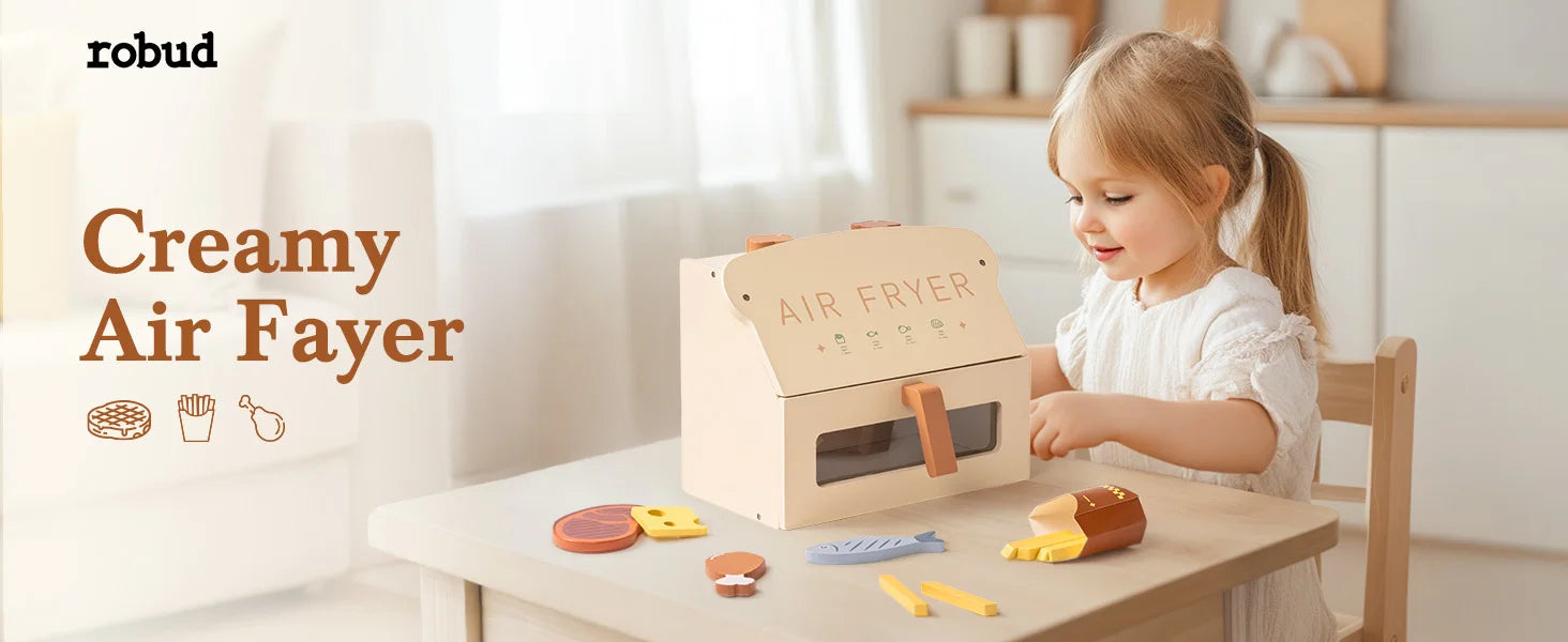 Robotime Robud freidora de aire de madera juego de cocina con accesorios cocinar comida regalo para niños niñas color crema