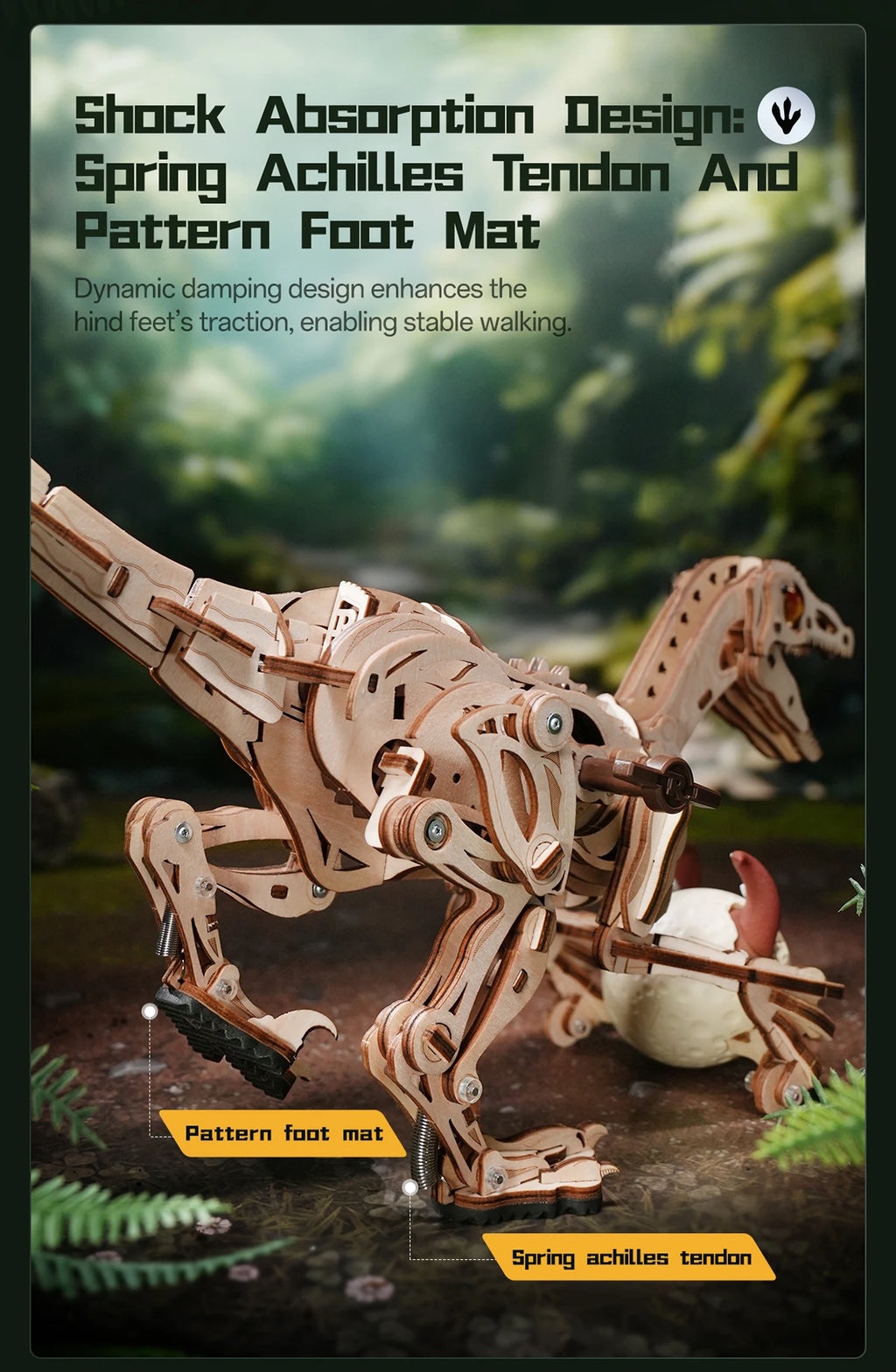 Rompecabezas 3D de Madera Robotime Rokr, Velociraptor Mecánico, Modelo de Velociraptor para Armar, Kit de Construcción Mecánica, Madera 3D LD01