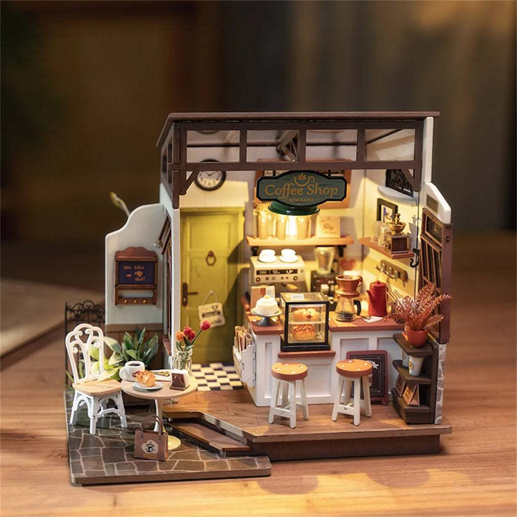 Robotime Rolife-rompecabezas 3D de cafetería para mujer y niño, Kit de casa de muñecas en miniatura, manualidades, regalo increíble, DG162, n. ° 17