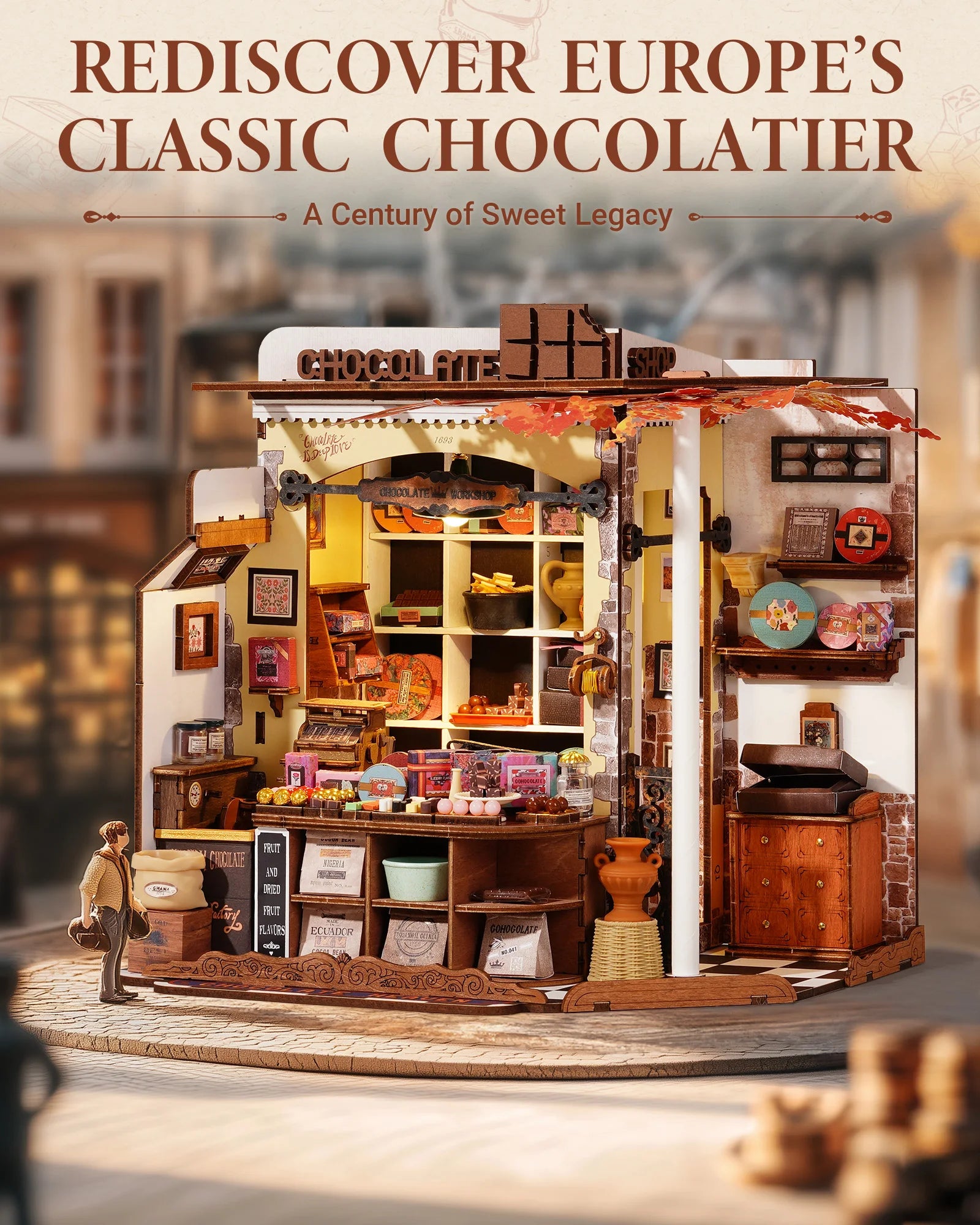 Robotime Rolife Henry's Chocolate DIY Kit de casa en miniatura Kit de construcción de modelo de casa de muñecas de madera con regalos artesanales LED para adultos