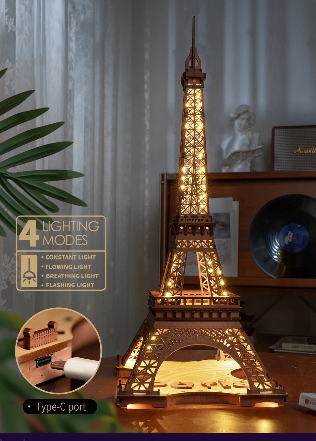 Robotime-Juego de rompecabezas de madera 3D, noche de la Torre Eiffel, modelos 1:638 para niños y adultos, Kits de manualidades DIY, regalo DIY con luz
