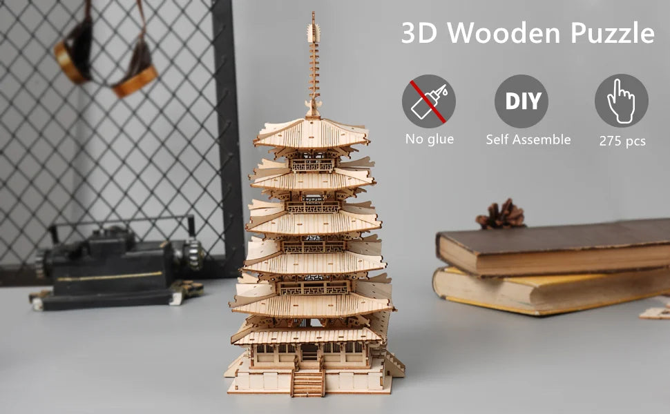 Robotime-rompecabezas 3D de Pagoda de cinco pisos para niños y adultos, Kit de construcción de modelo de madera artesanal, el mejor regalo