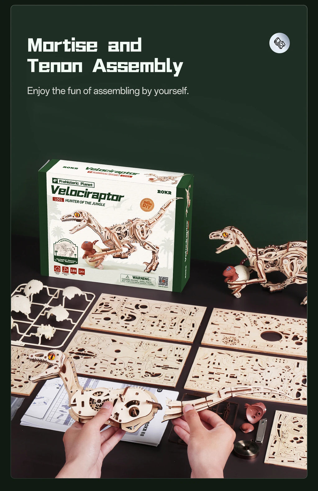 Rompecabezas 3D de Madera Robotime Rokr, Velociraptor Mecánico, Modelo de Velociraptor para Armar, Kit de Construcción Mecánica, Madera 3D LD01