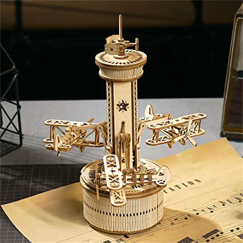 Robotime Roker-rompecabezas de madera 3D para adultos, Kit de modelo de caja Musical DIY para construir un Kit de construcción de autoensamblaje, torre de Control de avión