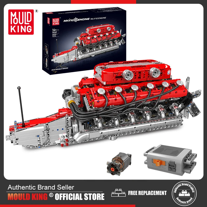 Mould King 10169 conjunto de bloques de construcción de motor motorizado V12, juego de ladrillos de coche de carreras