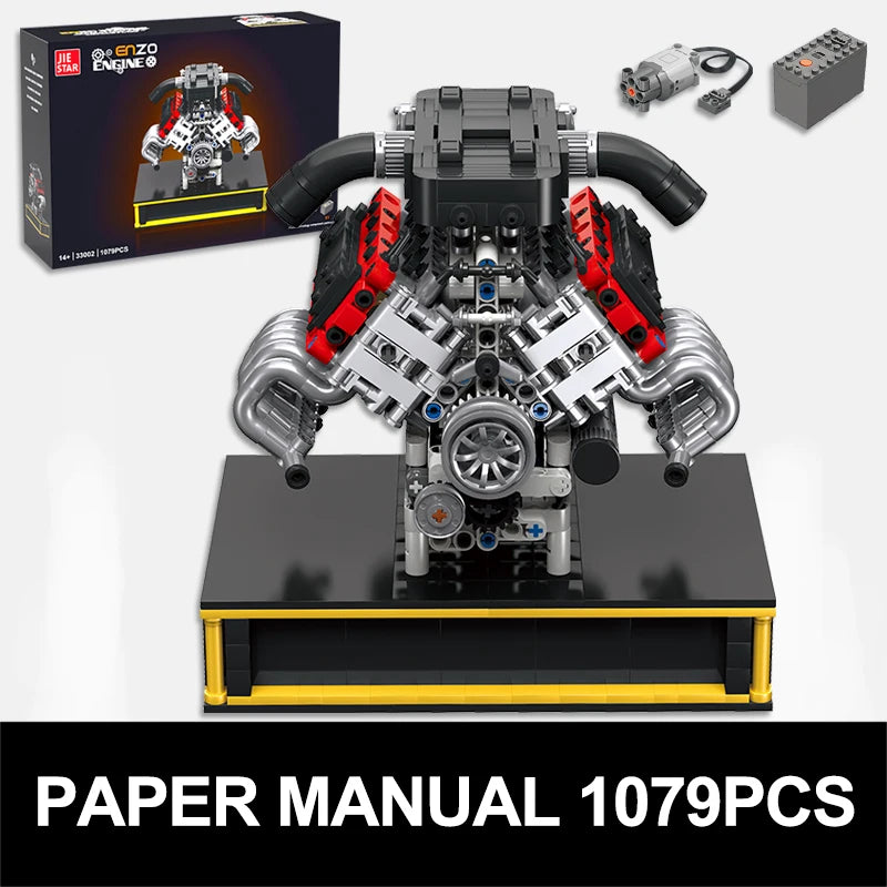 JIESTAR 33002 MOC, Decoración de escritorio personalizada, modelo de motor de superdeportivo V10, bloques de construcción