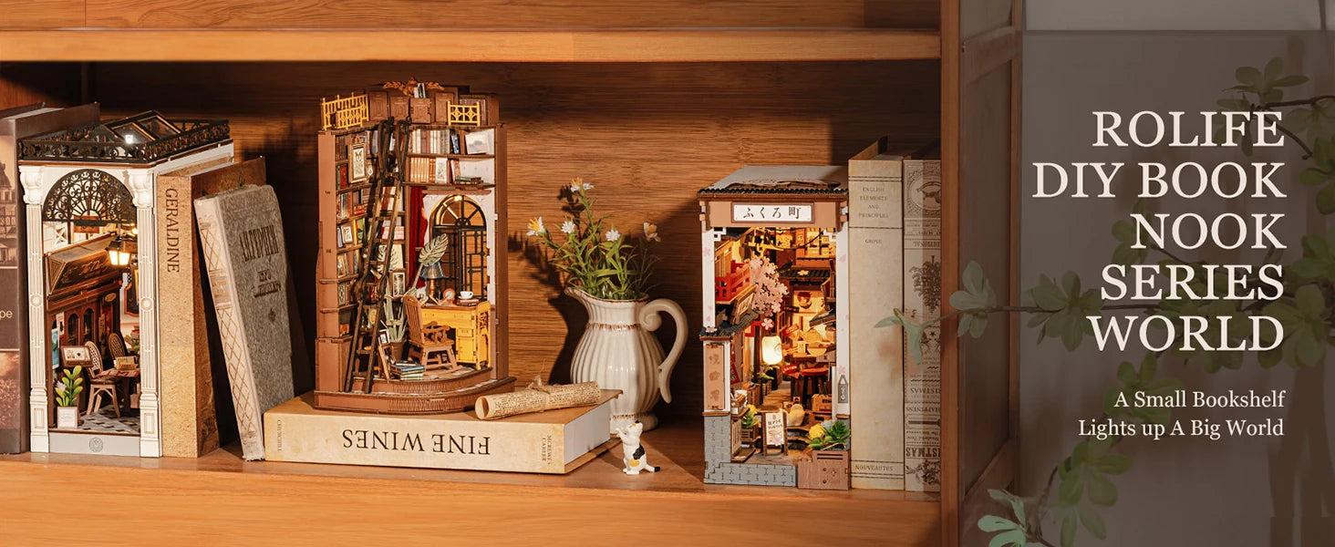 Robotime Rolife, estudio de esquina silencioso, bricolaje, rincón de libros, estante de inserción, casa de muñecas en miniatura de madera para estantería, muebles de inserción TGE02