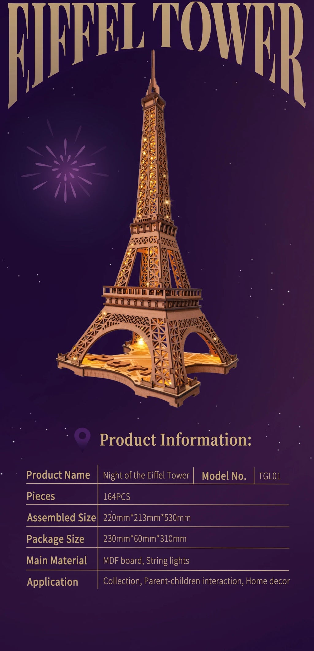 Robotime-Juego de rompecabezas de madera 3D, noche de la Torre Eiffel, modelos 1:638 para niños y adultos, Kits de manualidades DIY, regalo DIY con luz