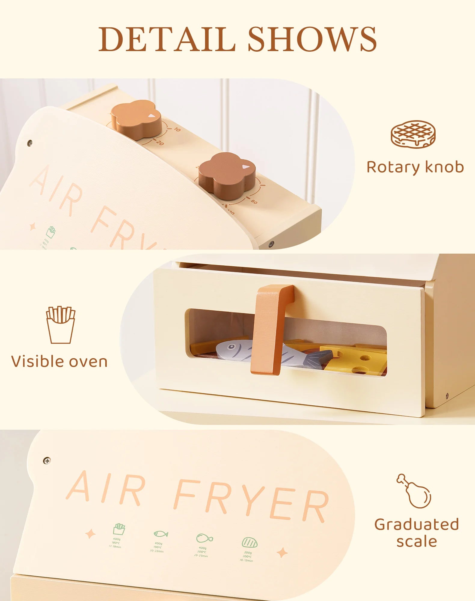 Robotime Robud freidora de aire de madera juego de cocina con accesorios cocinar comida regalo para niños niñas color crema