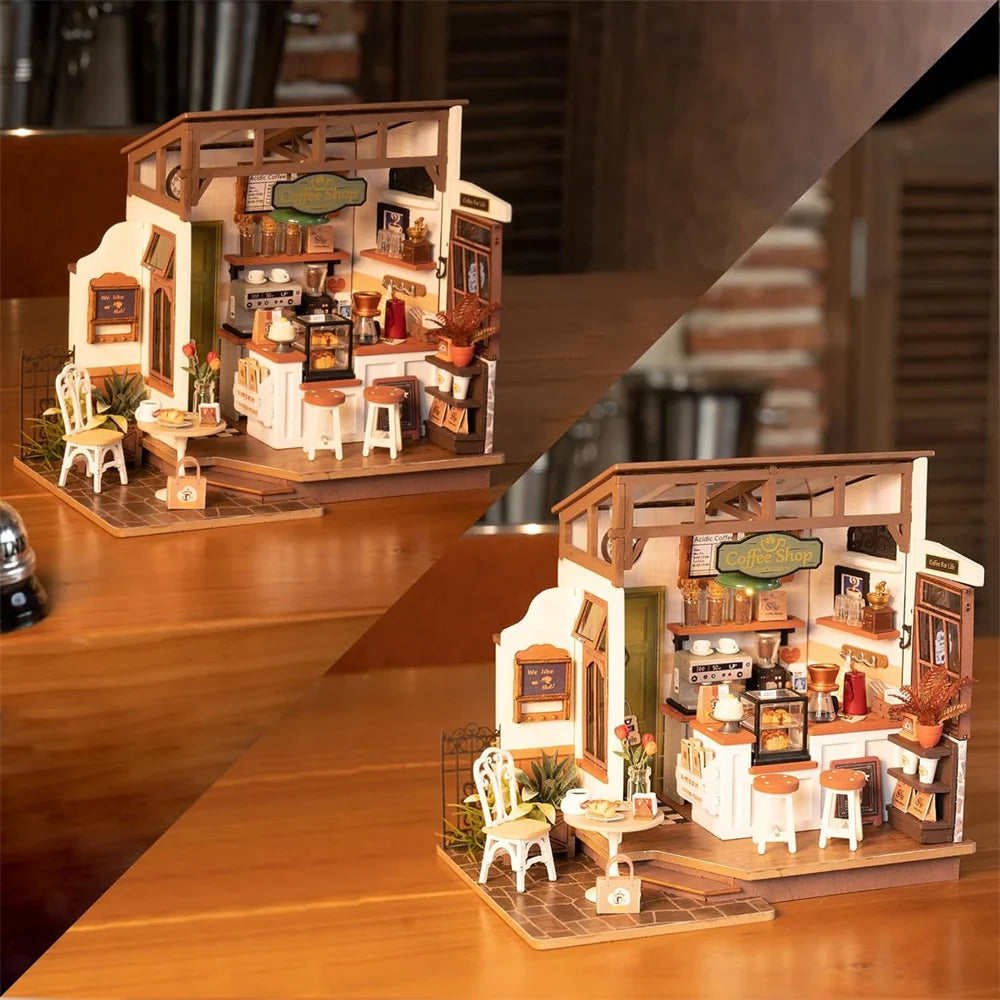 Robotime-casa de muñecas de madera para niños y adultos, conjunto de construcción con muebles en miniatura, LED, café NO.17