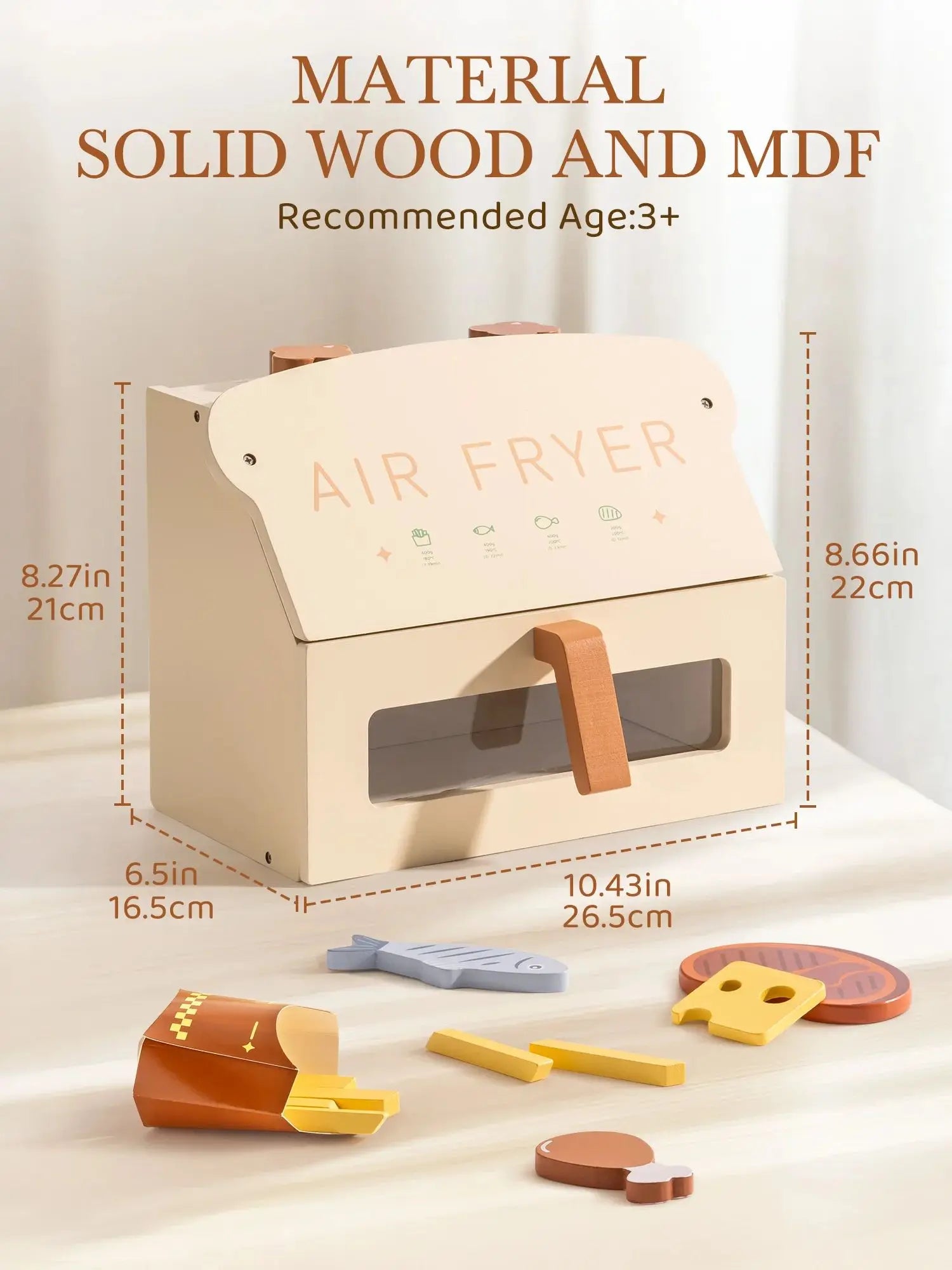 Robotime Robud freidora de aire de madera juego de cocina con accesorios cocinar comida regalo para niños niñas color crema
