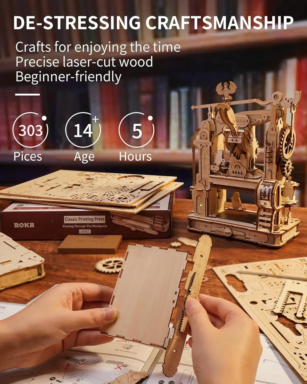 Robotime rokr Kits de modelos de rompecabezas de madera 3D Prensa de impresión clásica Engranajes mecánicos para adultos