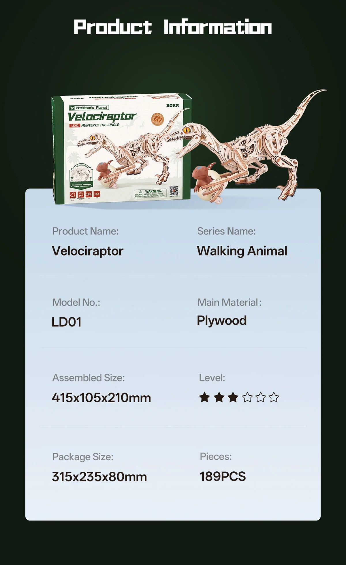 Rompecabezas 3D de Madera Robotime Rokr, Velociraptor Mecánico, Modelo de Velociraptor para Armar, Kit de Construcción Mecánica, Madera 3D LD01