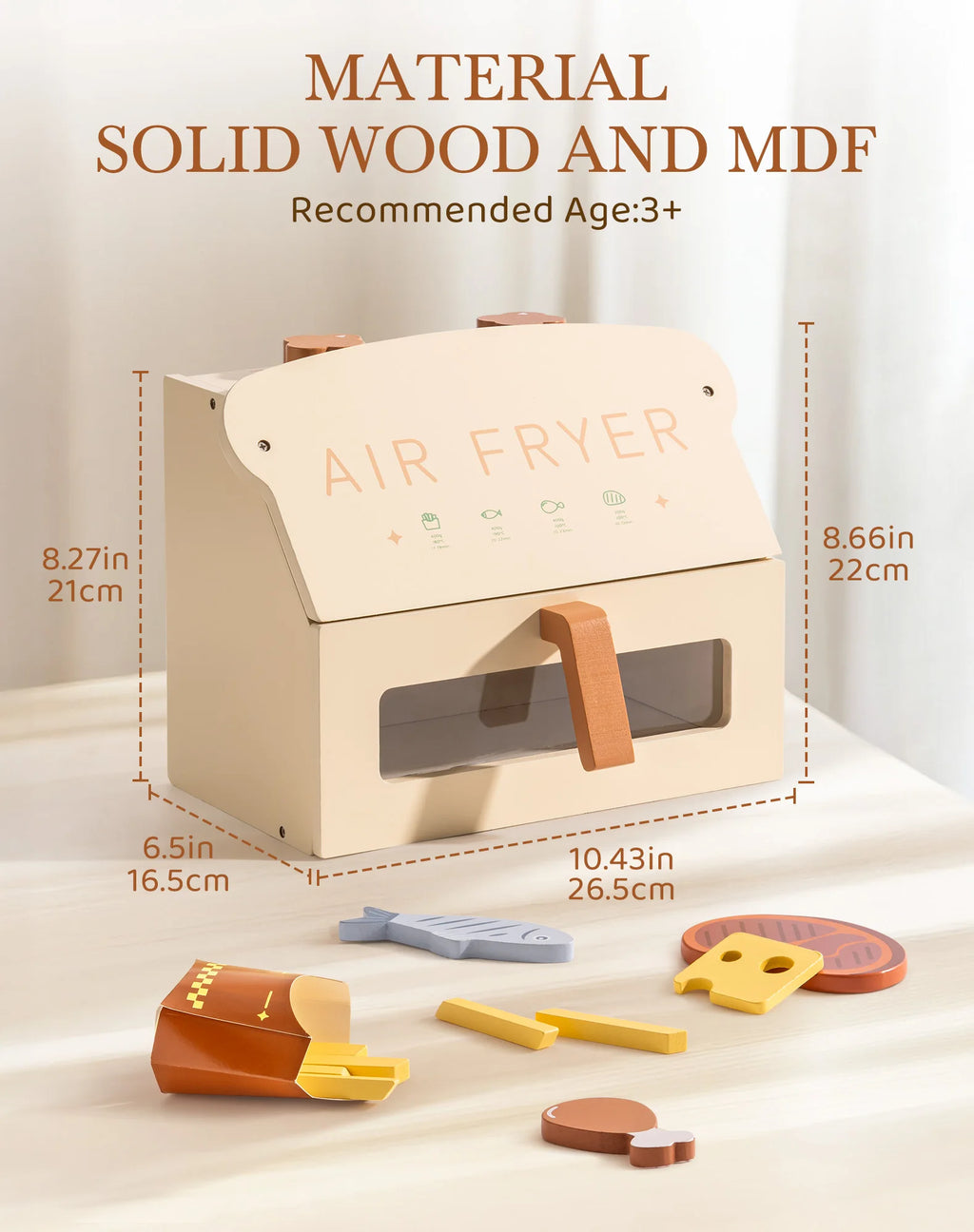 Robotime Robud freidora de aire de madera juego de cocina con accesorios cocinar comida regalo para niños niñas color crema