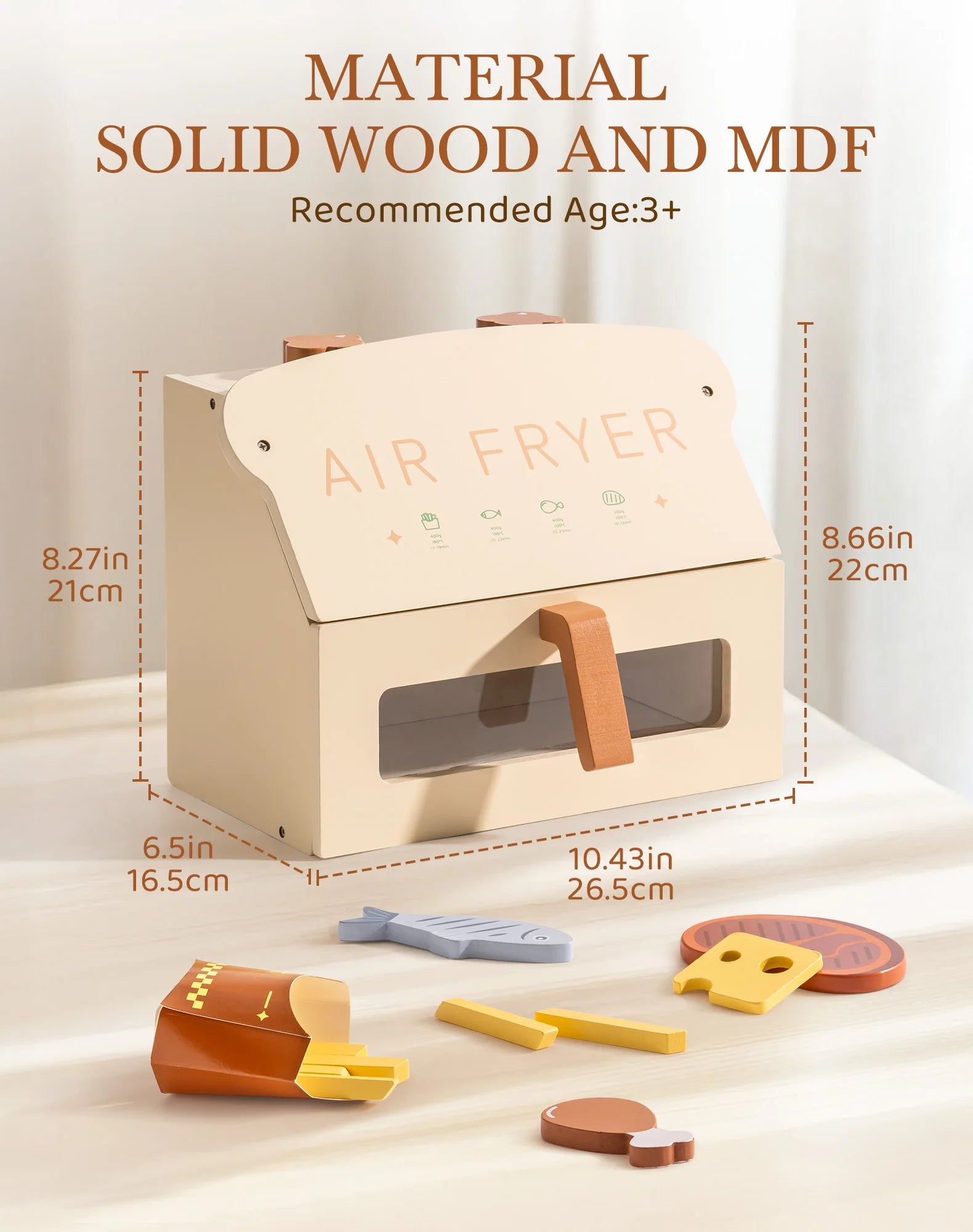 Robotime Robud freidora de aire de madera juego de cocina con accesorios cocinar comida regalo para niños niñas color crema