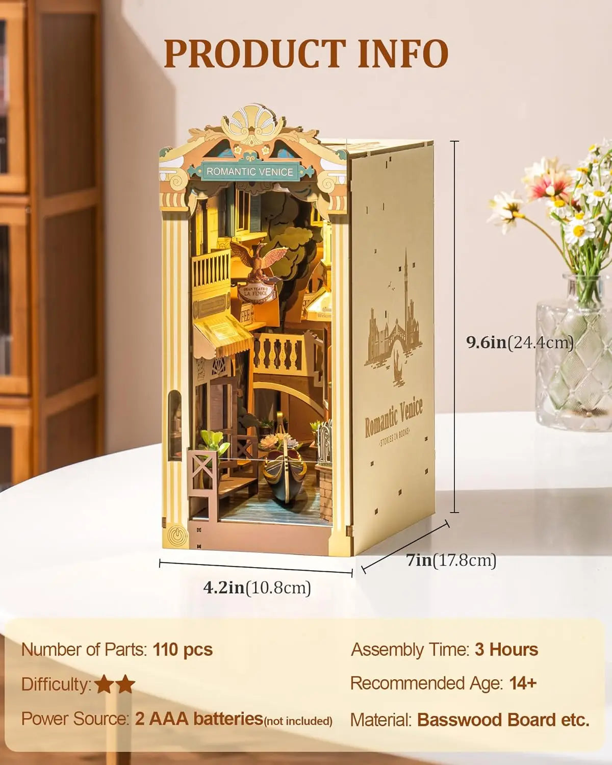 Kits Robotime Book Nook, Venecia Romántica con Luces LED, Rompecabezas 3D de Madera, Sujetalibros, Casa en Miniatura para Adultos