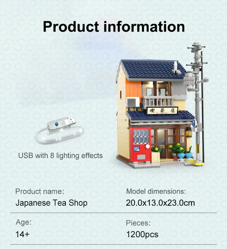 Bloques de construcción con caja de embalaje juguete de ladrillos para armar Casa de la tienda de té japonesa de ciudad con LED
